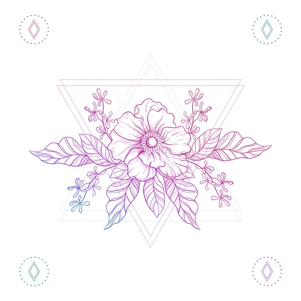 Λουλούδια σε χίπστερ τρίγωνα, Μπόχο χρώμα γραμμή τατουάζ τέχνης. Bohemi — Διανυσματικό Αρχείο