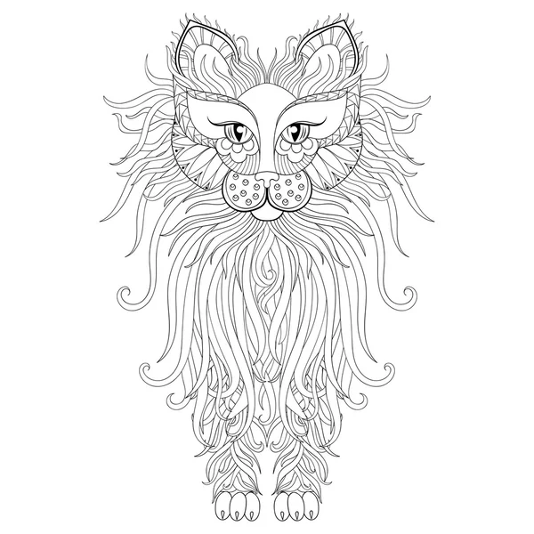 Gato esponjoso en estilo zentangle. Bosquejo a mano alzada para adultos antistr — Vector de stock