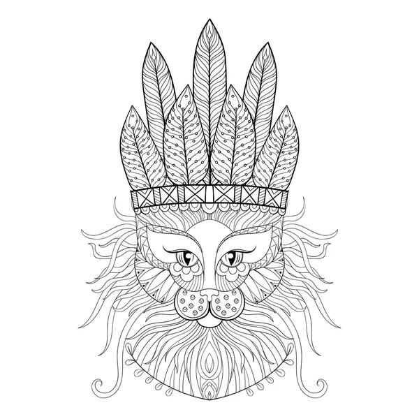 Gato esponjoso con gorro de guerra en estilo zentangle. Bosquejo a mano alzada f — Vector de stock