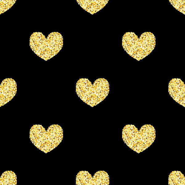 Golden glitter hearts, sparkles seamless pattern background, tem