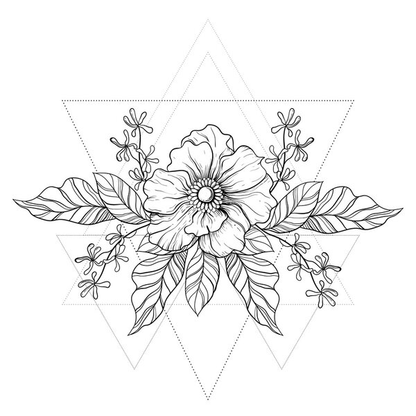Hand drawn boho tattoo. Blackwork flower in hipster triangles fr