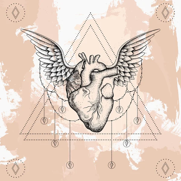 Heart with wings, boho blackwork, dotwork tattoo. Bohemian vecto — Stock Vector