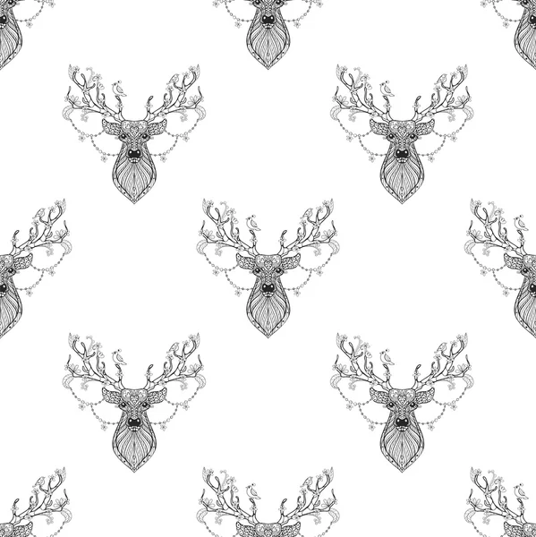 Magic reindeer seamless pattern in zentangle style. Freehand eth — Stock Vector