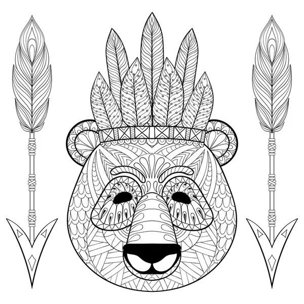 Warbonnet ile Panda, zentangle tarzında oklar. Serbest çizim — Stok Vektör