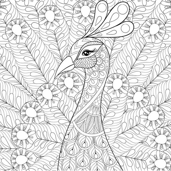 Peacock with feathers in zentangle style. Freehand sketch for ad — Stock Vector