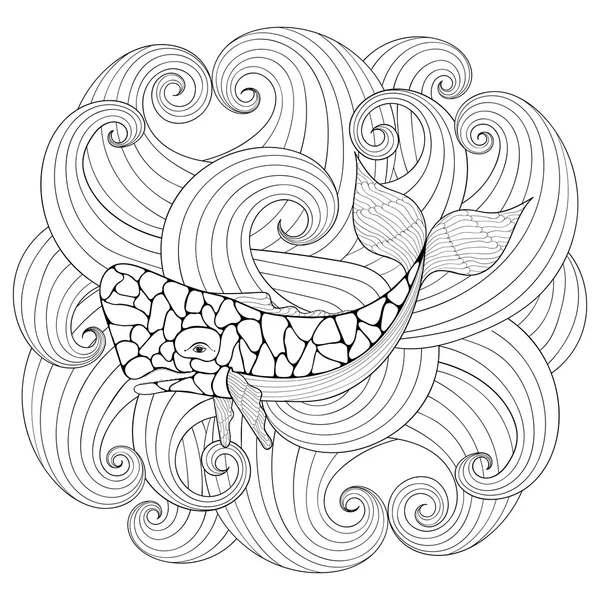 Sperm Whale in waves, zentangle style. Freehand sketch for adult — Stock Vector