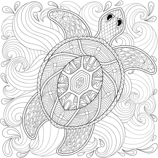 Tortuga en olas oceánicas, estilo zentangle. Bosquejo a mano alzada para adul — Vector de stock