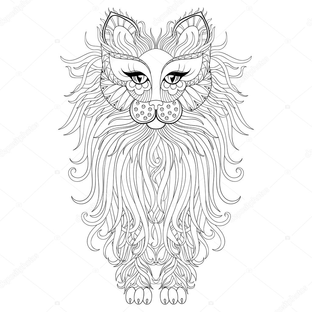 Kabarık Kedi, zentangle tarzı. Yetişkin antistres için freehand kroki