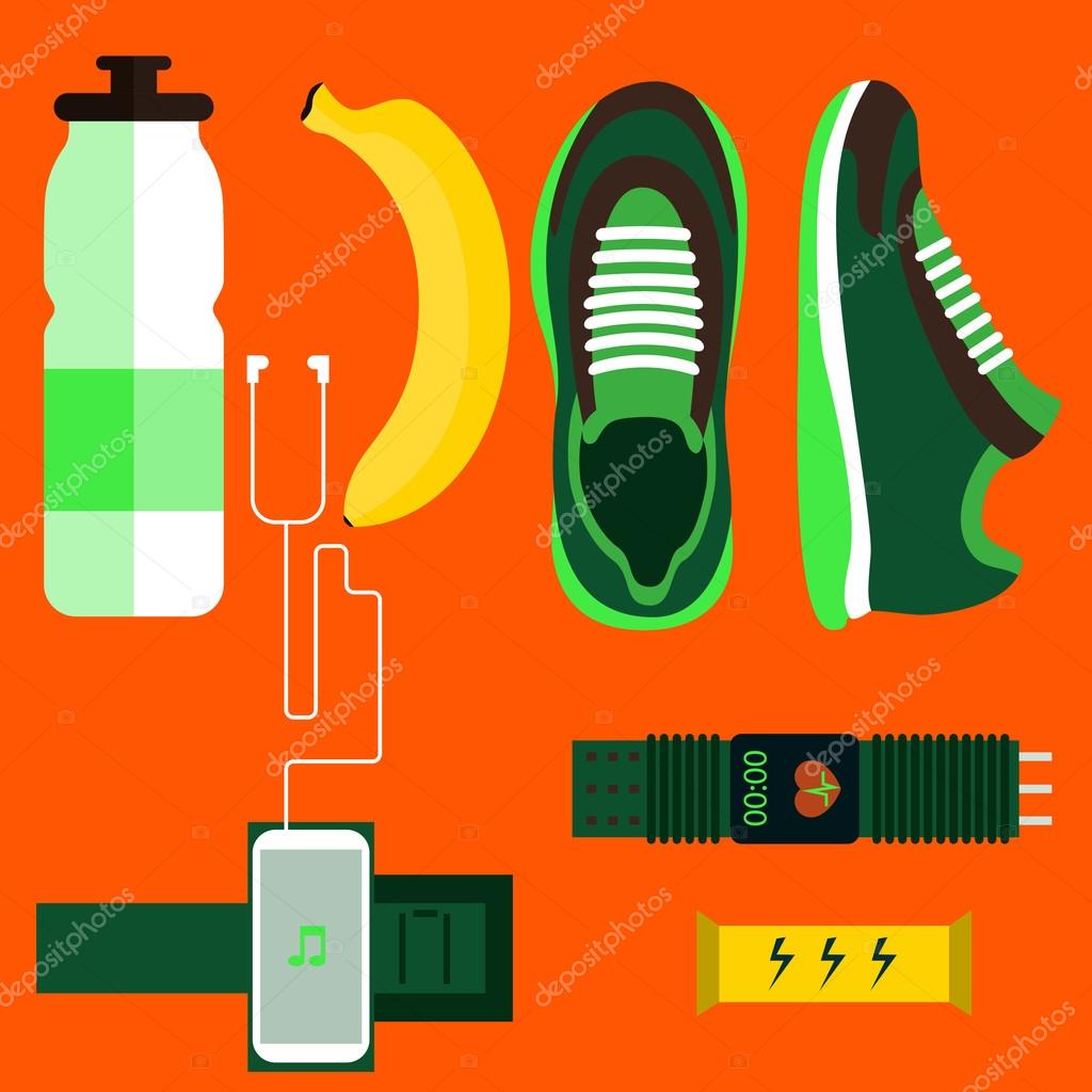 Running icons set shoes, water, banana, phone, sport watch. Top view. Sport Vector illustration