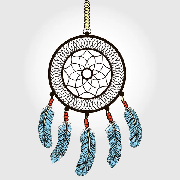 Boho dream catcher med fjädrar. Indiska symbolen i skiss stil. — Stock vektor