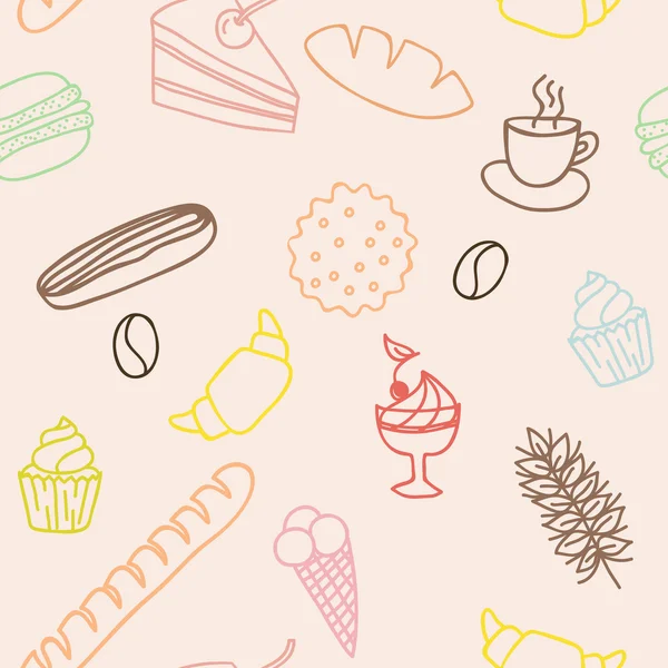 Nahtlose Muster mit Brötchen Kuchen Kekse gefroren Phantasie bre — Stockvektor