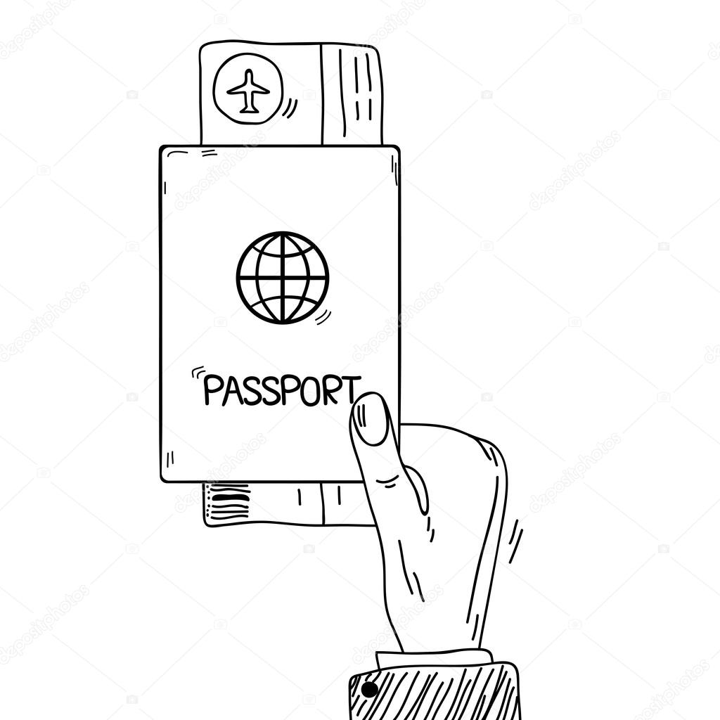 Sketch hand holding passport and air tickets in doodle style. Ha