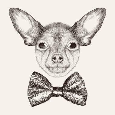 Oyuncak korkunç papyon ile kroki. Elle çizilmiş köpek illüstrasyon.