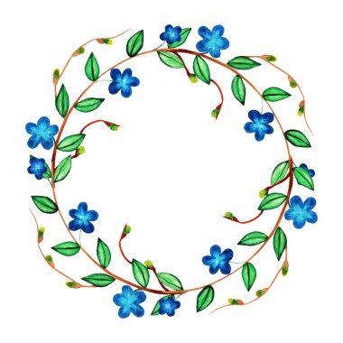 Sulu Boya şirin bahar çelenk mavi romantik çiçeklerle. El d