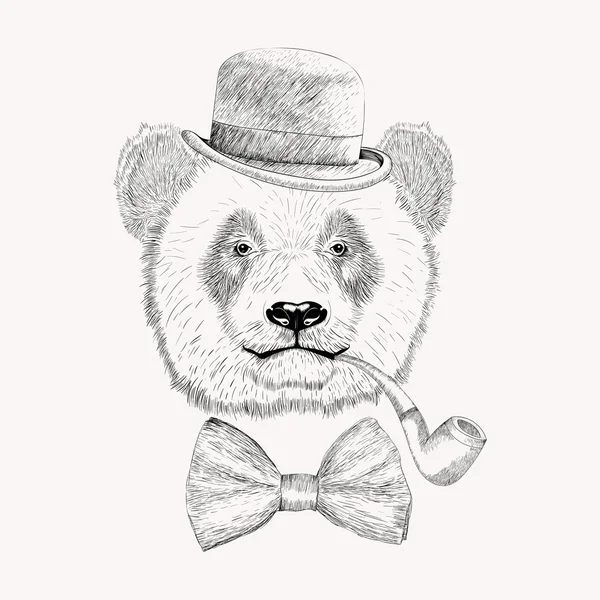 Croquis visage de panda avec chapeau melon noir, noeud papillon et pip tabac — Image vectorielle