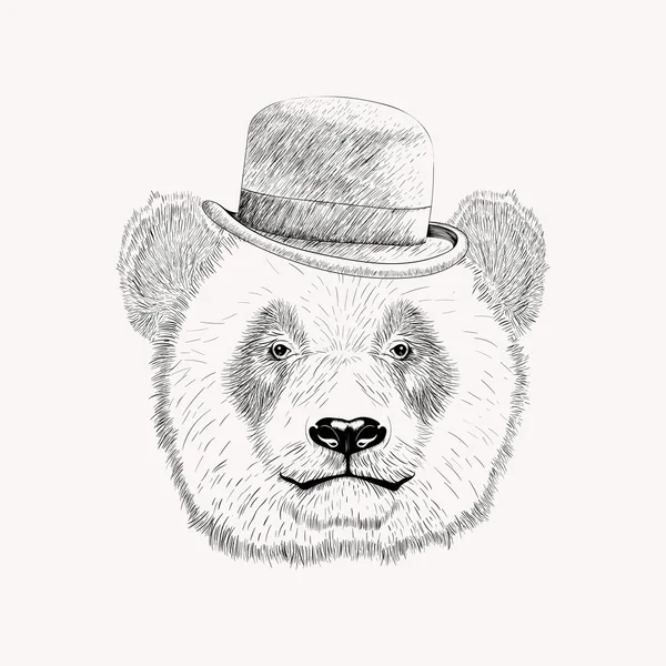 Boceto cara de panda con sombrero de jugador de bolos negro. illus vector dibujado a mano — Archivo Imágenes Vectoriales