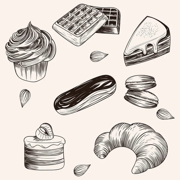 Vector various cakes and bakery doodle sketch set — Stock Vector
