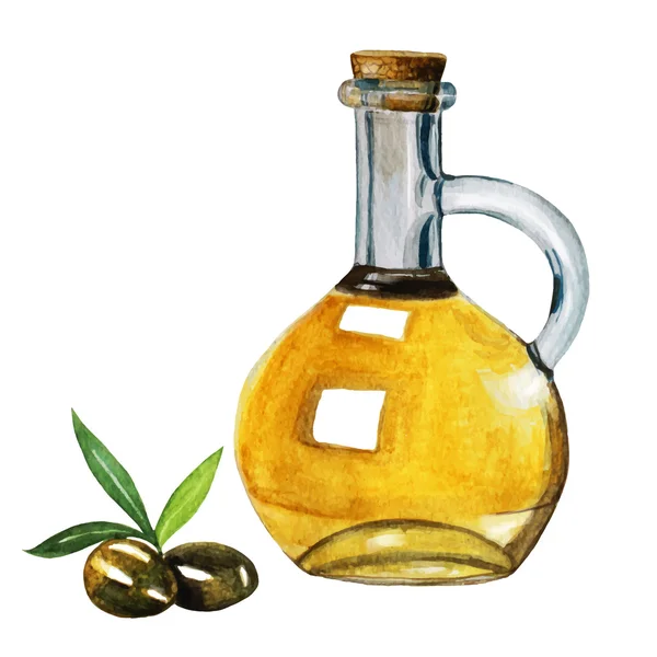 Butelka akwarela ekstra oliwy z oliwek i oliwki z liści izolat — Wektor stockowy