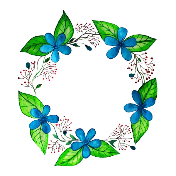 Couronne de printemps aquarelle avec des fleurs bleues et des folioles. Main dr — Image vectorielle