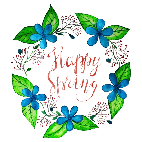 Couronne de printemps aquarelle avec fleurs bleues, folioles et Calligr — Image vectorielle
