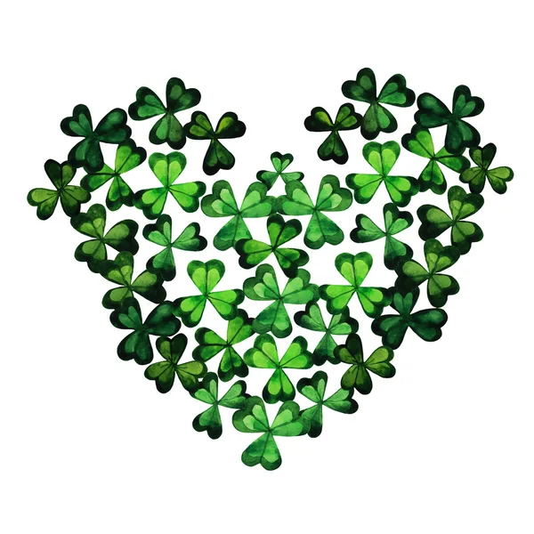 Watercolor Green Clover Heart by the St. Patrick's Day. Three le — Stock Vector