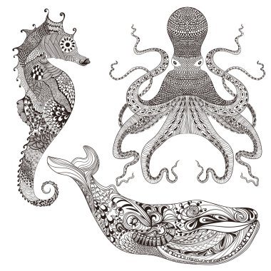 Octopus, Whale and Sea Horse clipart