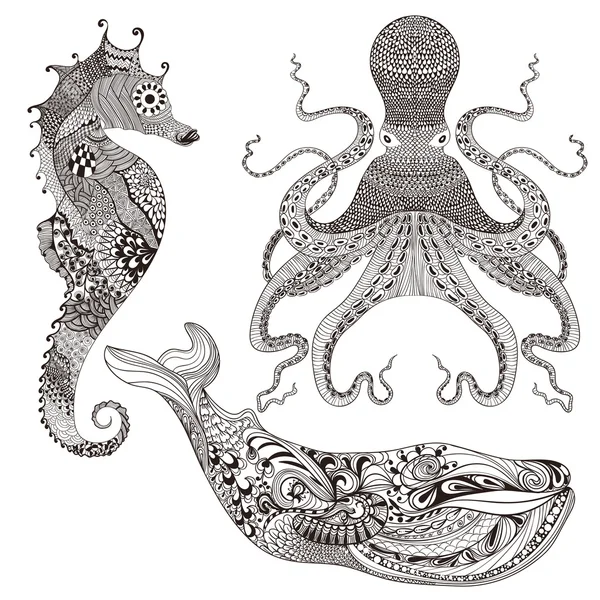 Octopus, walvis en Sea Horse — Stockvector