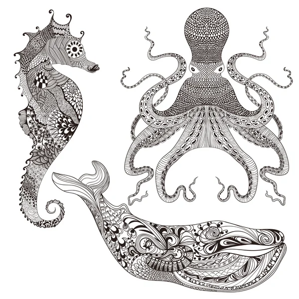 Pulpo, Ballena y Caballo de Mar — Vector de stock