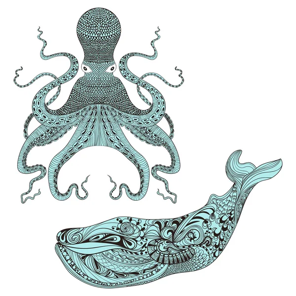 Zentangle bergaya Octopus and Whale - Stok Vektor