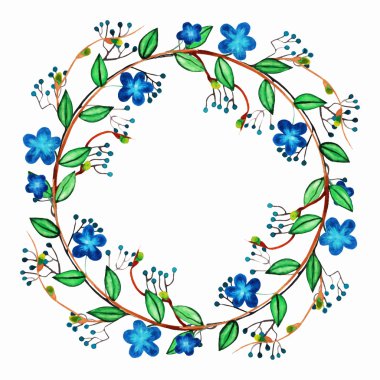 Mavi romantik çiçeklerle çelenk.