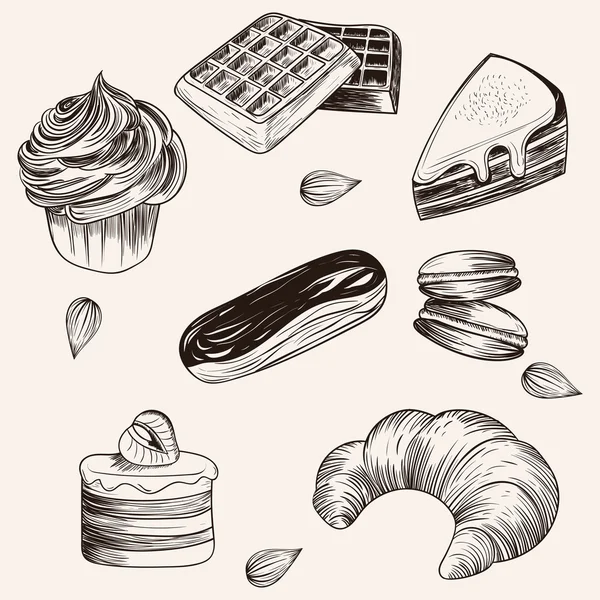 Cakes and bakery doodle sketch set — Stock Vector