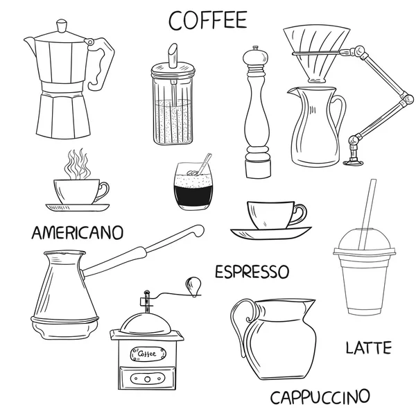 咖啡的涂鸦集合。手工绘制的矢量图. — 图库矢量图片