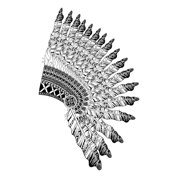 Tüylü savaş bannet zentangle tarzı, Headdress Hint ch — Stok Vektör