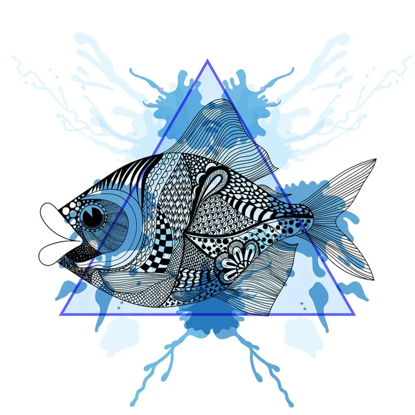 Skizze Zentangelfische in Dreieckrahmen mit Aquarelltinte dro — Stockvektor