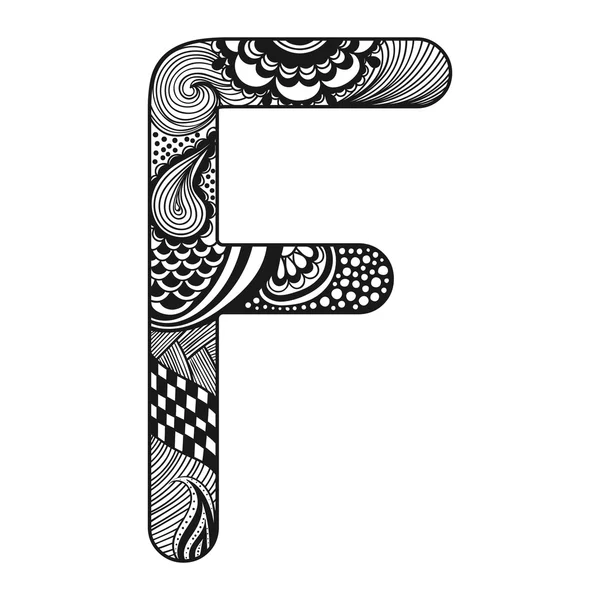 Alphabet stylisé Zentangle. Lettre en dentelle F dans le style doodle. Main droite — Image vectorielle