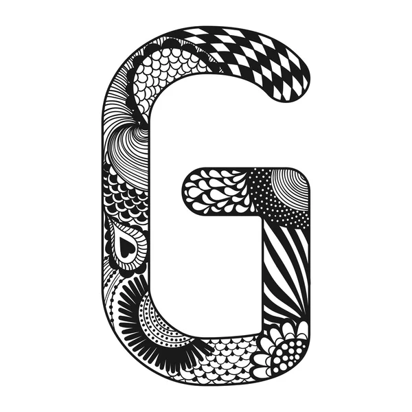 Alphabet stylisé Zentangle. Dentelle lettre G en style doodle. Main droite — Image vectorielle