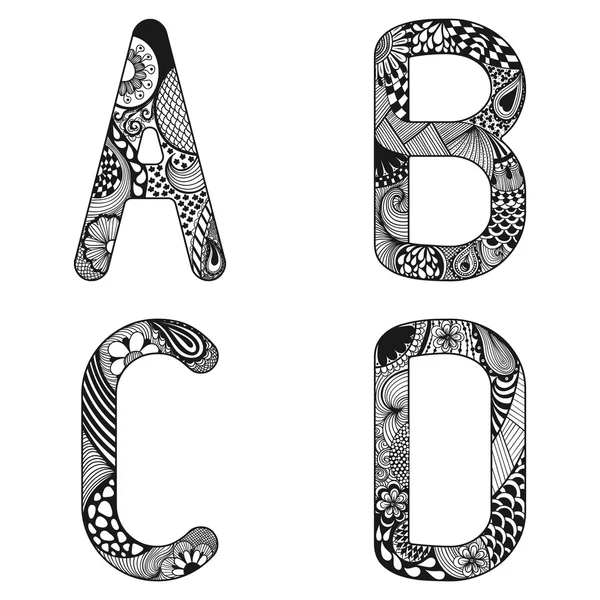 Alphabet stylisé Zentangle. Lettres en dentelle de A à D dans doodle — Image vectorielle