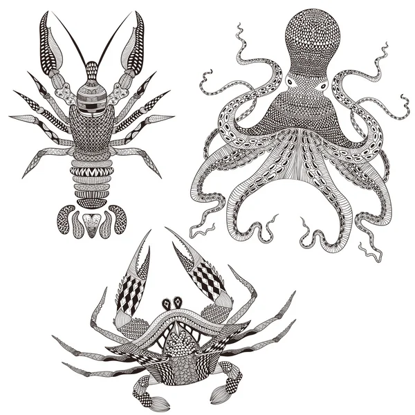 Zentangle stilize ahtapot, Kral Yengeç, kerevit. Elle çizilmiş dood