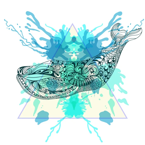 Zentangle τυποποιημένο φάλαινα σε τρίγωνο πλαίσιο με ακουαρέλα, μελάνι — Διανυσματικό Αρχείο