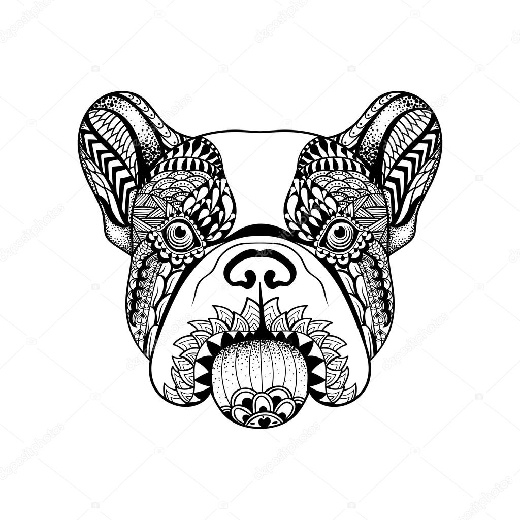 Zentangle stylized French Bulldog face. Hand Drawn Dog doodle ve