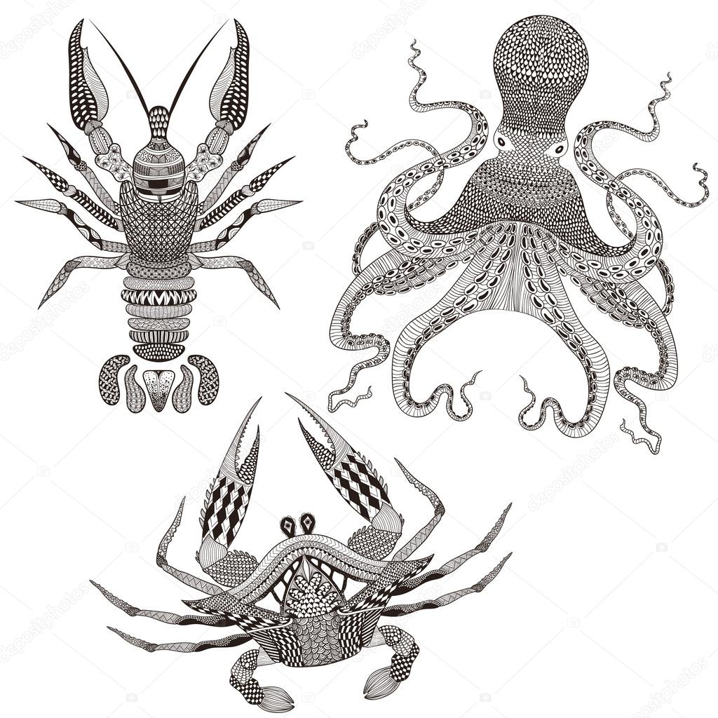 Zentangle stylized Octopus, King Crab, Crayfish. Hand Drawn dood