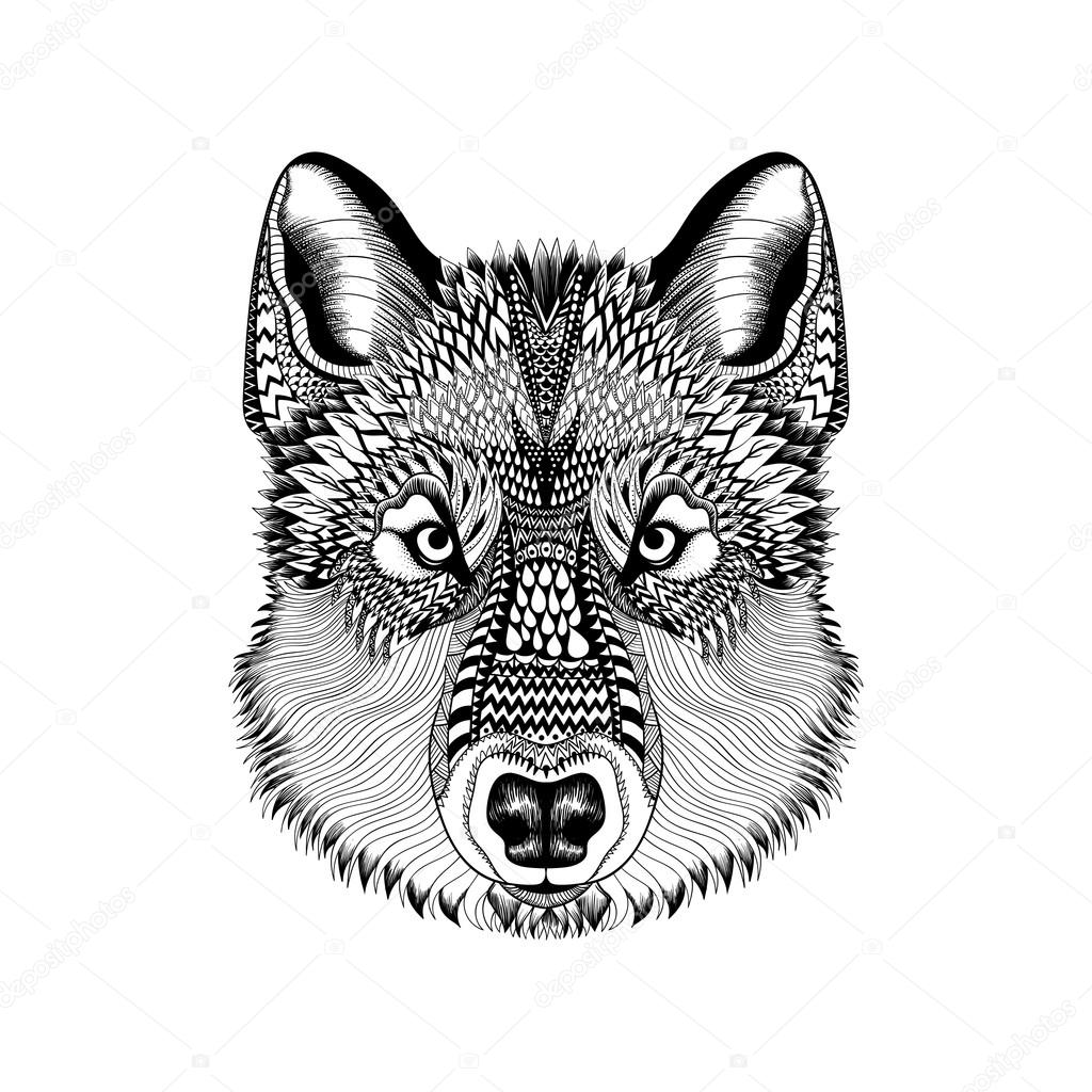 Zentangle stylized Wolf face. Hand Drawn Guata doodle vector ill