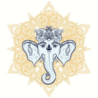 Hand drawn Elephant Head on ornament background. Indian god Lord