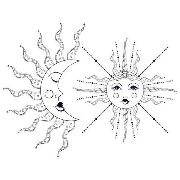 Boho elegant sun and vintage moon tattoo, zentangle stylized. Bo — 스톡 벡터