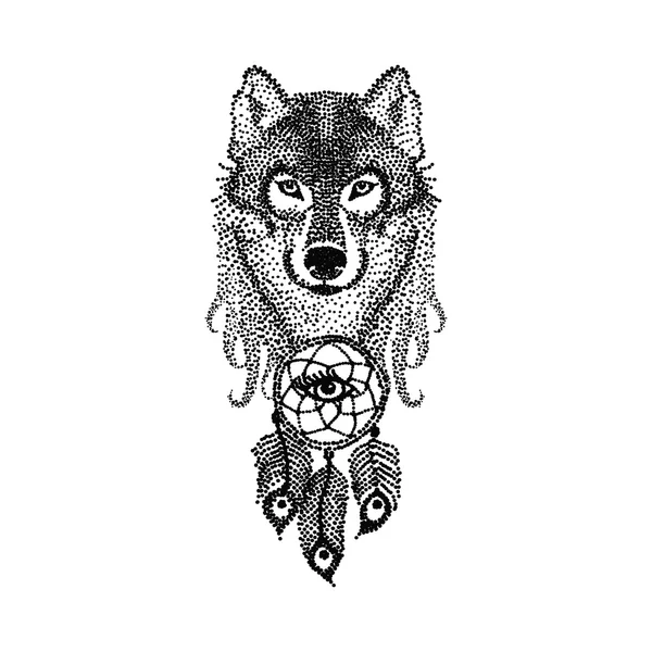 Dotwork tatuagem design estilizado rosto de lobo com apanhador de sonhos. Han... —  Vetores de Stock