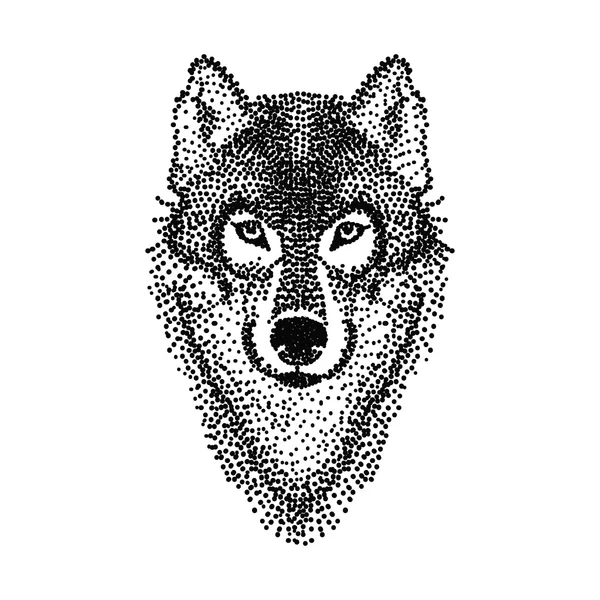 Progettazione del tatuaggio Dotwork stilizzato volto del lupo. Vetta scarabocchiata disegnata a mano — Vettoriale Stock