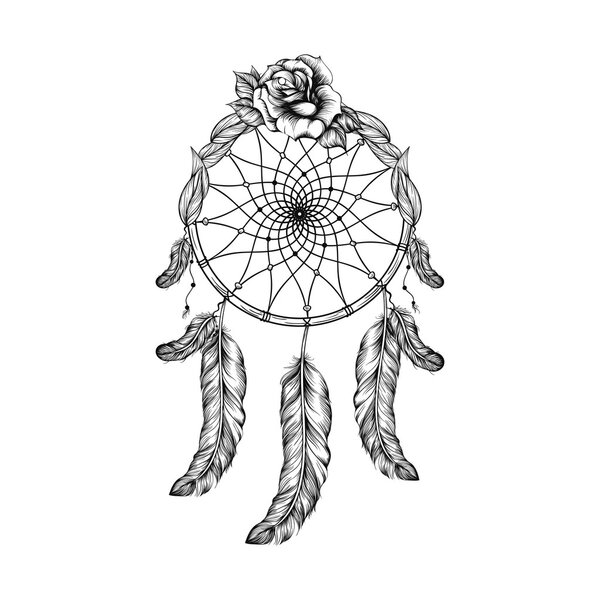 Dream catcher with feathers, leafs and rose  in line art style, 