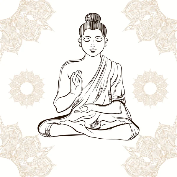 Hand drawn Buddha in meditation on vintage ornamental background — Stock Vector