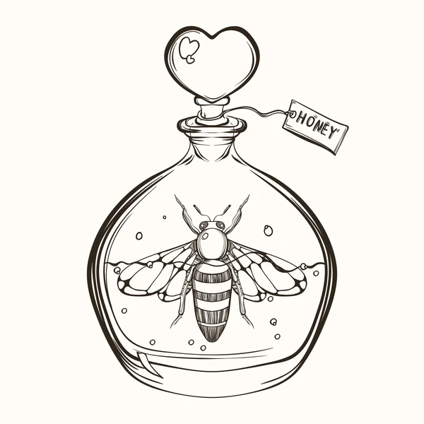 Hand drawn engraving Sketch of  Bee in the bottle with honey. Ve — 스톡 벡터