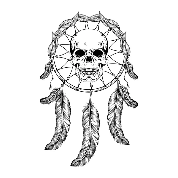 Dream catcher with feathers and leafs, skull in center maden in Stock Vector